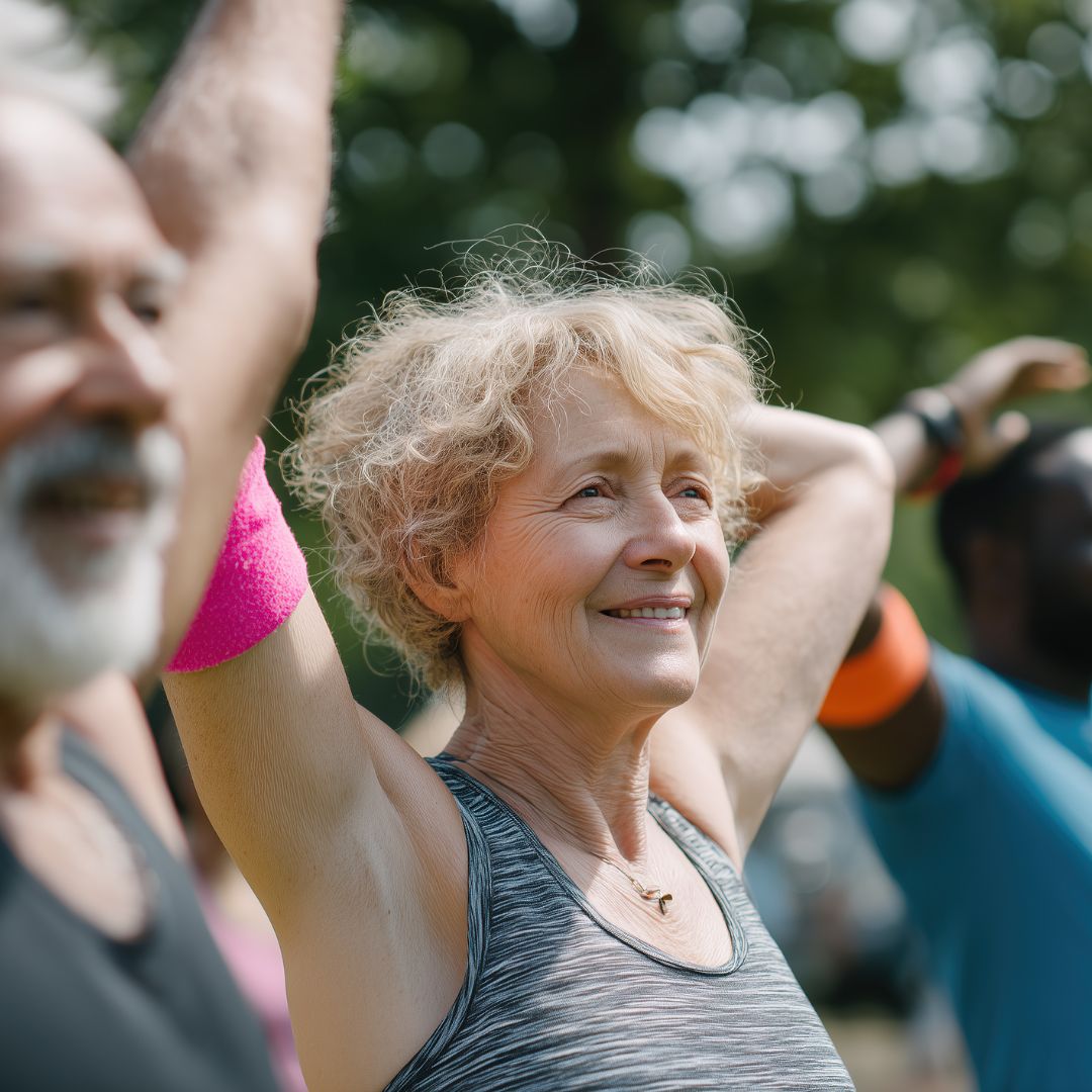 Eine Seniorin macht Sport und reckt dabei die Arme in die Höhe.